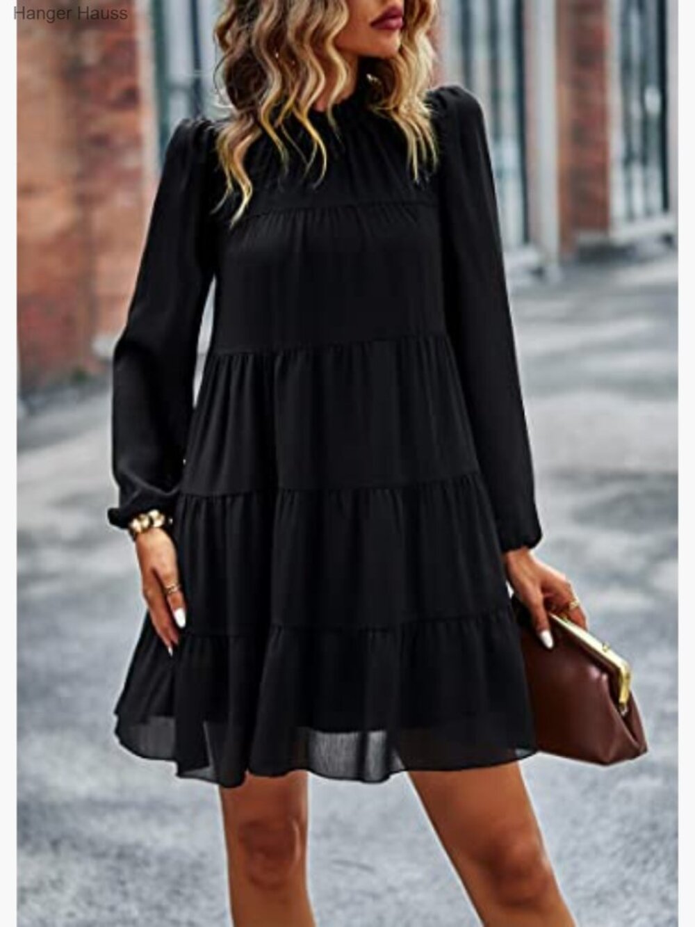Long Sleeve Babydoll Dress Ruffle Mock Neck Tiered Mini Swing Shift Dress Loose - Picture 2 of 7